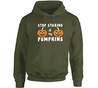 Hippowarehouse Stop Staring at My Pumpkins Halloween Unisex Hoodie Hooded top (Specific Size Guide in Description) Olive Green