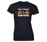 Hippowarehouse Stop Staring at My Pumpkins Halloween Womens Fitted Short Sleeve t-Shirt (Specific Size Guide in Description) Black