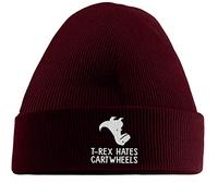Hippowarehouse T-rex Hates cartwheels Dinosaur Embroidered Beanie Hat Maroon