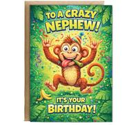 Hippowarehouse To a crazy nephew it's your Birthday monkey Personalised Card A6 with envelope for him for her Funny Cards for Men and Women Blank inside option