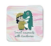 Hippowarehouse treat animals with kindness dinosaur hugging printed coaster gloss finish durable backing 9cm x 9cm 2 pack