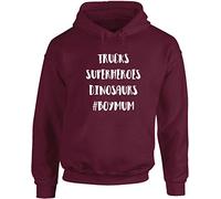 Hippowarehouse Trucks Superheros Dinosaurs Hashtag Boy Mum Unisex Hoodie Hooded top (Specific Size Guide in Description) Maroon