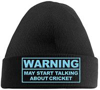 Hippowarehouse Warning May Start Talking About Cricket Embroidered Beanie Hat Black with Baby Blue Stitch