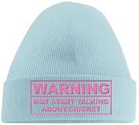 Hippowarehouse Warning May Start Talking About Cricket Embroidered Beanie Hat Blue with Baby Pink Stitch