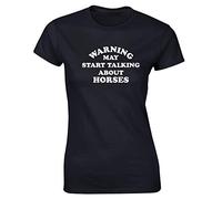Hippowarehouse Warning May Start Talking About Horses Womens Fitted Short Sleeve t-Shirt (Specific Size Guide in Description) Black