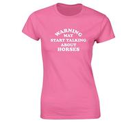 Hippowarehouse Warning May Start Talking About Horses Womens Fitted Short Sleeve t-Shirt (Specific Size Guide in Description) Pink
