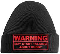 Hippowarehouse Warning May Start Talking About Rugby Embroidered Beanie Hat Black with Red Stitch