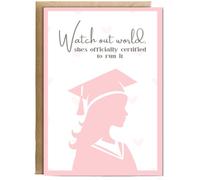 Hippowarehouse watch out world she's officially certified to run it, graduation Personalised Card A5 with envelope for him for her Funny Cards for Men and Women Blank inside option