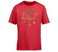 Hippowarehouse Woodland Friends - Bear Deer Rabbit owl Fox Squirrel Kids Children's Short Sleeve t-Shirt Red