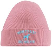 Hippowarehouse World's Best Dog Walker Embroidered Beanie Hat Pink with Baby Blue Stitch