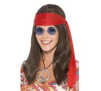 Hippy 60's Chick Kit with Long Brown Wig Glasses, Medallion & Red Headband