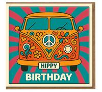 Hippy Birthday Card - Retro Camper Van with Peace Sign and Flowers, Psychedelic 60s Funny Birthday Card for Friends & Family
