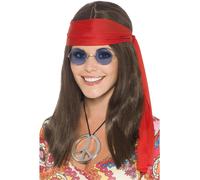 NEW 60s 70s Hippie Instant Kit w/Wig, Glasses, Medalion & Headband Fancy Dress