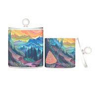 Hippy Magic Landscape Clear Plastic Storage Container Jars with lid Dresser Essentials Decorative storage bins for Cotton Swabs,Cotton Pads,Floss Picks,Paper Clips, 2 Pack