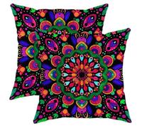 Hippy Mandala Pillow Covers Set of 2, Colorful Bohemian Floral Cushion Case, Spring Decorative Square Art Decor for Home Sofa Bed Couch 20x20 Inch