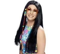 Hippy Party Wig Black Long With Coloured Beads