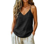 Hippy Tops for Women Cotton Linen V Neck Cami Tops Sleeveless Underwear Sleeping Brunch Strap Floaty Leisure Pajama Top Summer Going Out Vacation Travel Camping Vintage Elegant Vest Black