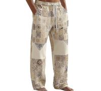 Hippy Trousers Mens Patterned Hippie Patchwork Pants Cotton Linen Fun Printed Casual Bottoms Bohemian Festival Light Loungepant Breathable Relaxed Drawstring Waist Pants Quick-dry Summer Beach Trouser