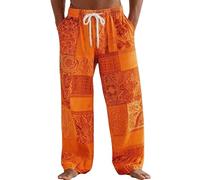 Hippy Trousers Mens Patterned Hippie Patchwork Pants Cotton Linen Fun Printed Casual Bottoms Bohemian Festival Light Loungepant Breathable Relaxed Drawstring Waist Pants Quick-dry Summer Beach Trouser