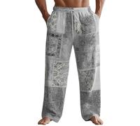 Hippy Trousers Mens Patterned Hippie Patchwork Pants Cotton Linen Fun Printed Casual Bottoms Bohemian Festival Light Loungepant Breathable Relaxed Drawstring Waist Pants Quick-dry Summer Beach Trouser