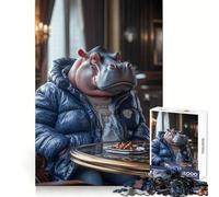 Hipster Hippo in A Cafe 1000 Piece Teenager Puzzles Reason Boost Tight Connection Playful Challenge Home Display (50x75cm)
