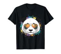 Hipster Panda Sunglasses Portrait Silhouette Rainbow Splash T-Shirt