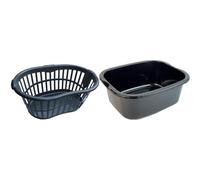 Hipster Plastic Laundry Basket with Handles 34L Large Storage Hamper for Washing Clothes Nursery Home Organisation & 11L Wash up Bowl (Black Basket + Washing Bowl)