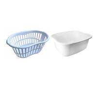 Hipster Plastic Laundry Basket with Handles 34L Large Storage Hamper for Washing Clothes Nursery Home Organisation & 11L Wash up Bowl (White Basket + Washing Bowl)
