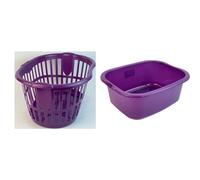 Hipster Plastic Laundry Basket with Handles 34L Large Storage Hamper for Washing Clothes Nursery Home Organisation & 11L Wash up Bowl (Purple Basket + Washing Bowl)