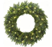 HipTree 30 Inch Real Touch Christmas Cedar Wreath for Front Door with Light String, Artificial Greenery Foldable Wreath for Mantel Fireplace Indoor Outdoor Xmas Winter Holiday Decor, All Year-Round