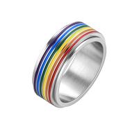 Hipunk Rainbow LGBT Pride Ring - Stainless Steel Enamel Lesbian Gay Bisexual LGBTQ Pride Month Wedding Engagement Band Rotatable Unisex Colorful CZ Couples Eternity Ring Men Women, Stainless Steel, No