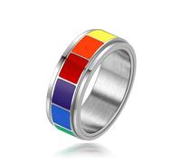 HIPUNK Rainbow LGBT Pride Ring - Stainless Steel Enamel Lesbian Gay Bisexual LGBTQ Pride Month Wedding Engagement Band Rotatable Unisex Colorful CZ Couples Eternity Ring Men Women, Stainless Steel, No
