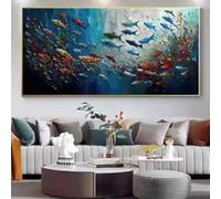 HIPWST Abstract Blue Sea Fish Canvas Painting Nordic Graffiti Large Size Posters Print Modern Living Room Home Decor Picture 80x160cm Frameless