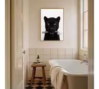 HIPWST Black Panther with a toilet brush in its mouth Poster Prints Canvas Wall Art Picture Funny Bathroom Decor(50x70cm/Frameless)