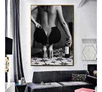HIPWST Black White Canvas Wall Art Sexy Woman Wine Glass Painting Nude Girl Posters Prints Aesthetic Picture Bedroom Decor 80x120cm Frameless