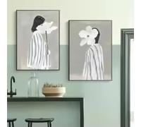HIPWST Black & White Woman in Stripes Abstract Flower Canvas Painting Wall Art print Poster for Living Room Decor 80x120cmx2 Frameless