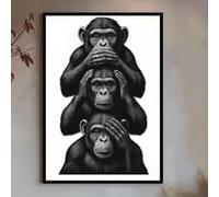 HIPWST Three Wise Monkeys Wall Art, See No Evil Hear No Evil Speak No Evil Poster, Black and White Animal Decor mural(50x70cm/InternalFrame)