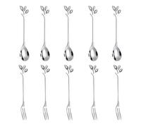 Hipzeepo 5Spoon+5Forks Stainless Steel Leaf Coffee Cake Spoon Fork Dessert Spoons, Stirring Teaspoon Set Silver