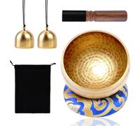 HIQE-FL Tibetan Bowl Set with Tibetan Harmonica Bell, Wooden Hammer, Cloth Bag, Silk Mat, 2 Copper Bells - 6 Pieces