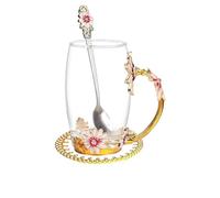 Hiqiku Enamel Flower Glass Cup as Tea Cups and Coffee Mug - Glass Tea Cup and Saucer Set with Spoon as Birthday Gifts for Women - Coffee Mugs as Gifts for Her (350ml)