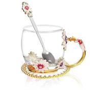Hiqiku Glass Tea Cup and Saucer Set with Spoon - Enamel Flower Glass Cup as Birthday Gifts for Women - Tea Mugs Coffee Mug as Gifts for Her(320ml)