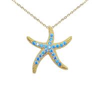 Hiqmic 925 Sterling Silver Chain Starfish Star shaped Zirconia Pendant Fashion Jewelry WK99161 Necklace, G-Blue