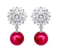 Hiqmic 925 Sterling Silver Post Fashion Flower Zirconia Pearl Ear Stud Earrings White Gold Plated Jewelry Gifts for Women, WA90052-S Red