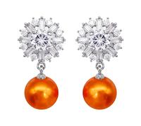 Hiqmic 925 Sterling Silver Post Fashion Flower Zirconia Pearl Ear Stud Earrings White Gold Plated Jewelry Gifts for Women, WA90052-S Orange