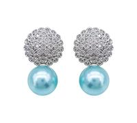Hiqmic 925 Sterling Silver Post Fashion Round Pearl Zirconia Earrings Ear Stud Piercing White Gold Plated Jewellery Gifts for Women, WA90119-S Blue
