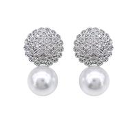 Hiqmic 925 Sterling Silver Post Fashion Round Pearl Zirconia Earrings Ear Stud Piercing White Gold Plated Jewellery Gifts for Women, WA90119-S White