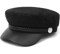 HIQUACC British Flat Top Beret Captain Hat with PU Leather Brim Vintage Navy Sailor Cap for Women (Black)