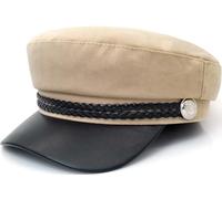 HIQUACC British Flat Top Beret Captain Hat with PU Leather Brim Vintage Navy Sailor Cap for Women (Khaki)