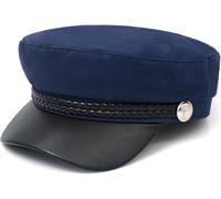 HIQUACC British Flat Top Beret Captain Hat with PU Leather Brim Vintage Navy Sailor Cap for Women (Navy Blue)