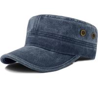 HIQUACC Military Cadet Army Caps for Men Women Washed Vintage Flat Top Hat Unisex Cotton Baseball Cap (FC212 Navy Blue)